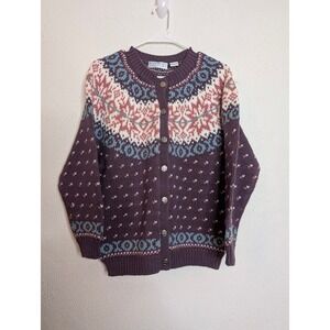 Northern Isle Vintage Fair Isle Snowflake Sweater Women PM Purple Knit Button Up